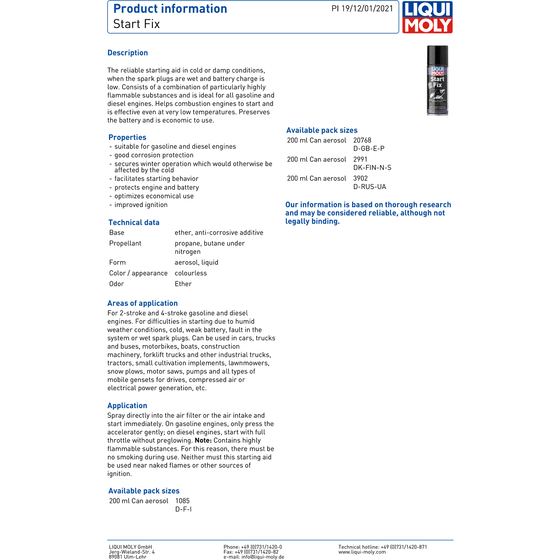 Liqui Moly Start Fix Easy Starting Aid Damp Start 200ML Engine Lubricant 2991 - World of Lubricant