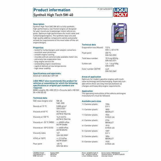 Liqui Moly SYNTHOIL HIGH TECH SAE 5W40 ACEA A3/B4 API SM 1856 - World of Lubricant