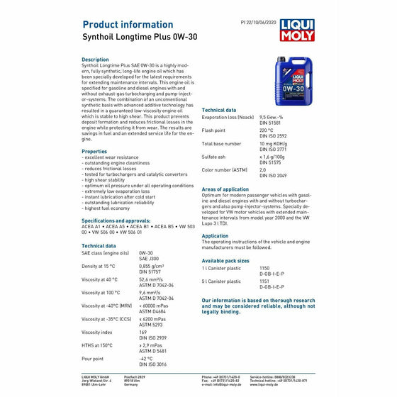 Liqui Moly Synthoil Longtime Plus 0W30 Engine Oil VW AUDI SEAT SKODA 1151 - World of Lubricant