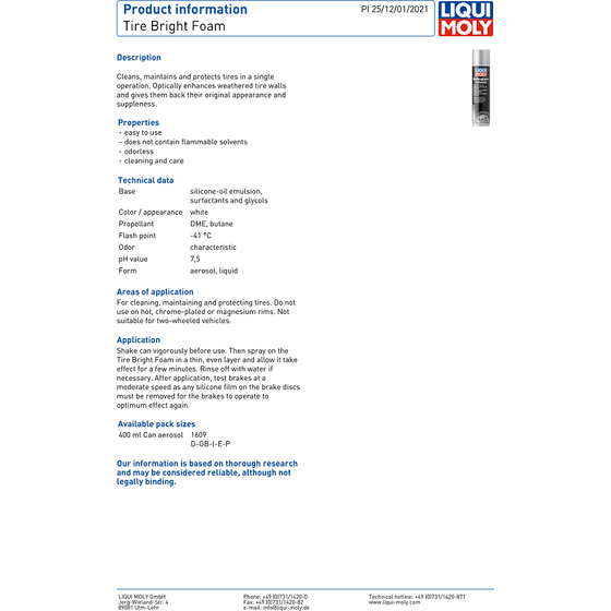 Liqui Moly Tire Bright Foam 400ml Aerosol Tyre Shine Protector 1609 - World of Lubricant