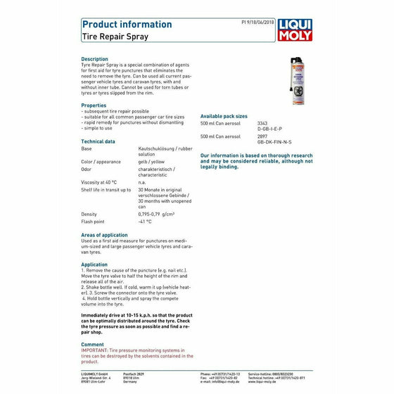 Liqui Moly Tire Repair Spray 500ml 3343 - World of Lubricant