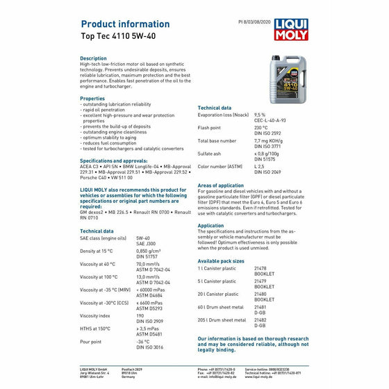 Liqui Moly Top Tec 4110 5W40 Engine Oil C3 BMW-LL Porsche C40 VW 511 MB 229 21479 - World of Lubricant