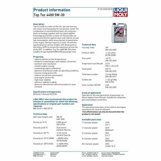 Liqui Moly Top Tec 4400 SAE 5W30 Renault Engine Oil ACEA C4 2322 - World of Lubricant