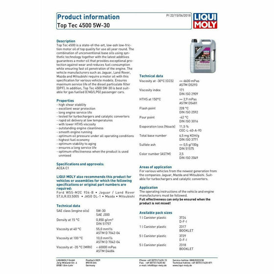 Liqui Moly Top Tec 4500 SAE 5W30 Mazda Mitsubishi Jaguar Land Rover Engine Oil ACEA C1 2318 - World of Lubricant