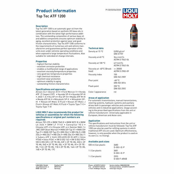 Liqui Moly Top Tec ATF 1200 Automatic Gear, Steering, Manual Shift Oil Made in Germany 3681 - World of Lubricant