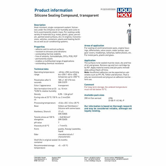 Liqui Moly Transparent Silicone Sealant Compound 200 ml 6184 - World of Lubricant