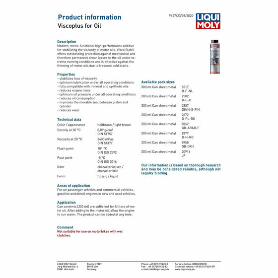 Liqui Moly Viscoplus Oil saver 300ml Reduces Oil Consumption 8958 - World of Lubricant