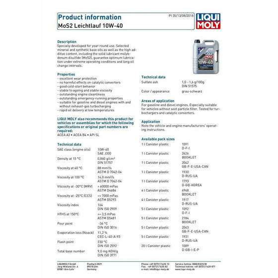 Liqui Moly Wear Protection MoS2 Leichtlauf 10W40 Engine Oil ACEA A3 / B4 2184 - World of Lubricant