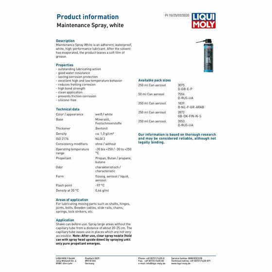 LIQUI MOLY White Grease Maintenance Spray Waterproof lubricant 250ml 3075 - World of Lubricant