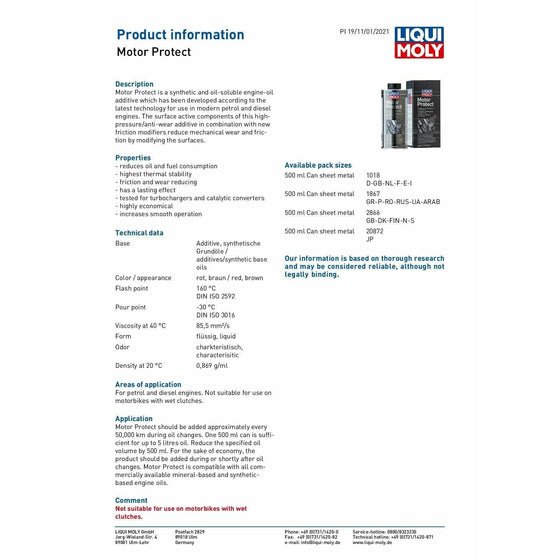 Motor Protect Fully Synthetic Motor Oil Additives 500ml Liqui Moly 1018 - World of Lubricant