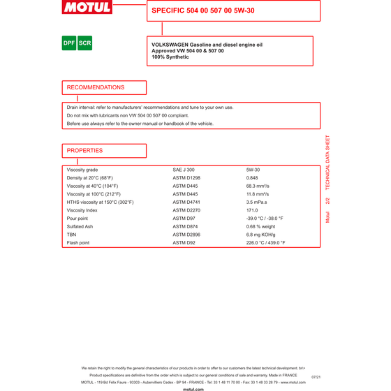 Motul 5W30 Fully Synthetic Diesel Engine Oil Specific VW 504 00 507 00 106375 - World of Lubricant