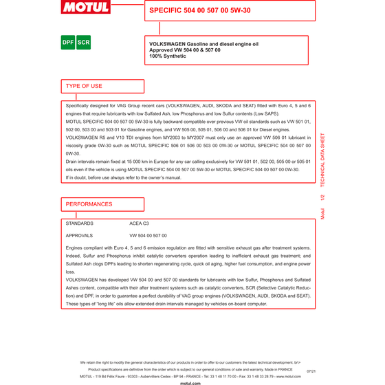 Motul 5W30 Fully Synthetic Diesel Engine Oil Specific VW 504 00 507 00 106375 - World of Lubricant