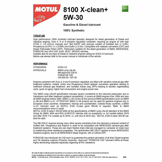 Motul 8100 X-Clean+ 5W30 C3 DPF Synthetic Engine Oil BMW VW MB SKODA AUDI 106377 - World of Lubricant