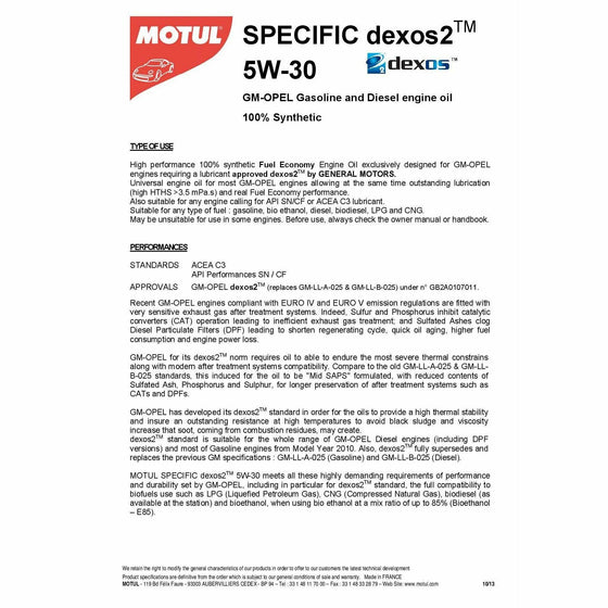Motul Specific dexos2 5w30 Fully Synthetic Car Engine Oil C3 API SN / CF 102643 - World of Lubricant
