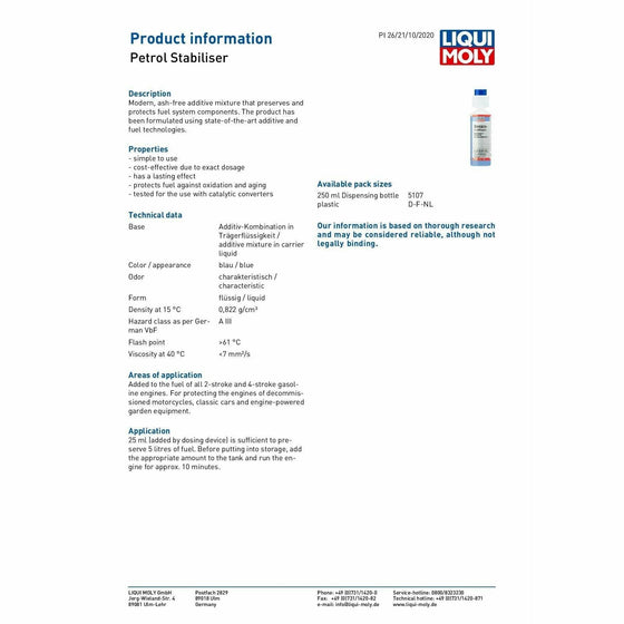 PETROL STABILISER 2 Stroke 4 Stroke Petrol Engines 250ml Liqui Moly 5107 - World of Lubricant