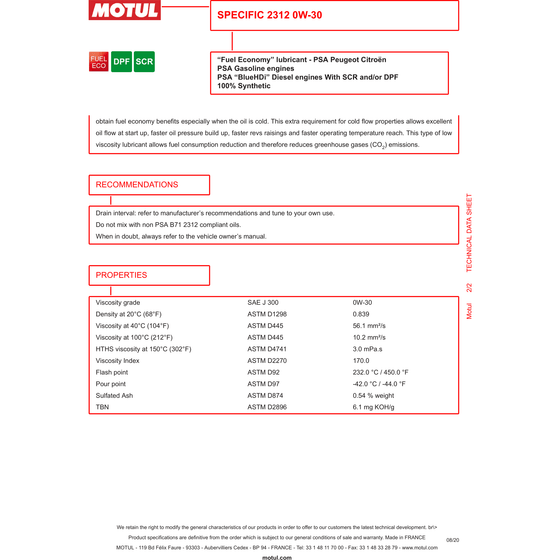 Motul Specific PSA 2312 0w-30 0w30 Fully Synthetic Engine Oil 106414