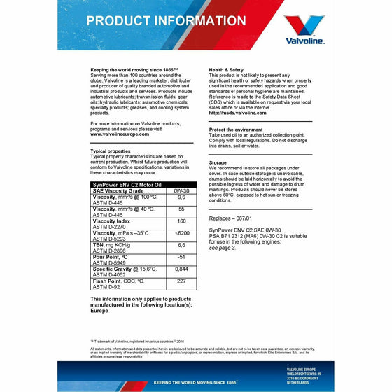 Valvoline 0W30 Fully Synthetic Engine Oil SynPower ENV ACEA C2 PSA B71 Toyota Honda 872519 - World of Lubricant