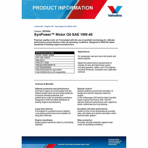 Valvoline 10W40 Semi Synthetic Engine Oil SynPower A3/B4 VW MB RENAULT Approved 872259 - World of Lubricant