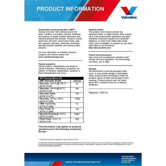 Valvoline 10W60 Premium Semi Synthetic Engine Oil VR1 Racing SL ACEA A3 B4 873339 - World of Lubricant