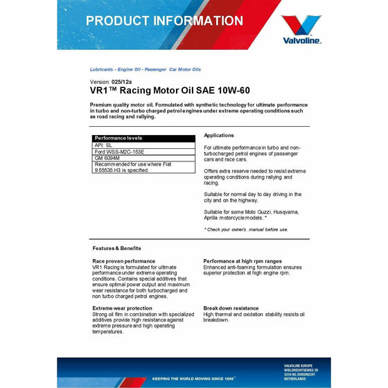 Valvoline 10W60 Premium Semi Synthetic Engine Oil VR1 Racing SL ACEA A3 B4 873339 - World of Lubricant