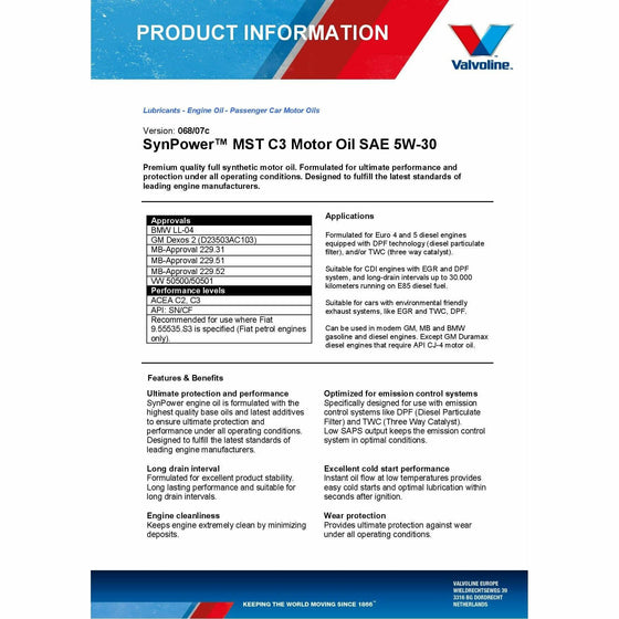 Valvoline 5W30 Fully Synthetic Engine Oil SynPower MST C3 BMW MB VW Approved 895154 - World of Lubricant