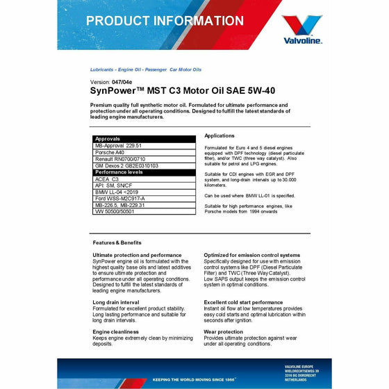 Valvoline 5W40 C3 Fully Synthetic Engine Oil SynPower MST MB PORSCHE RENAULT Approved 872386 - World of Lubricant