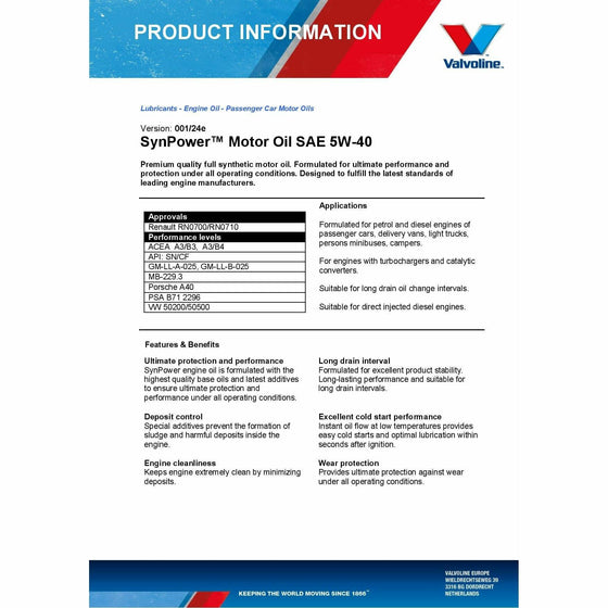 Valvoline 5W40 Fully Synthetic Engine Oil SynPower A3/B4 Renault Approved 872382 - World of Lubricant