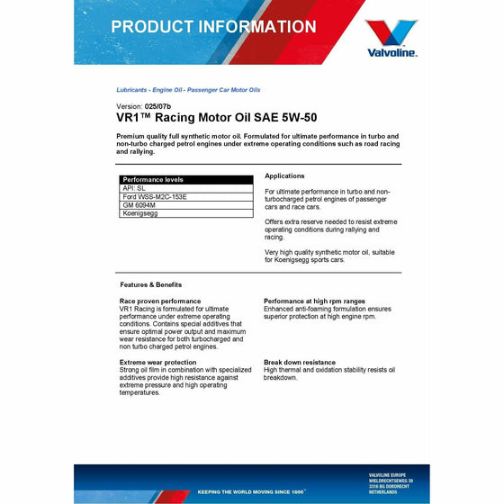 Valvoline 5W50 Premium Synthetic Engine Oil VR1 Racing A3/B4 Ford GM 873434 - World of Lubricant