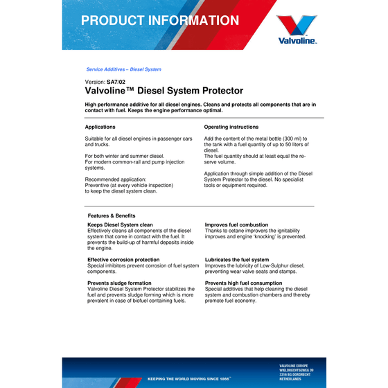 VALVOLINE DIESEL SYSTEM PROTECTOR COMMON RAIL PUMP FUEL ADDITIVE 300ML 890605 - World of Lubricant